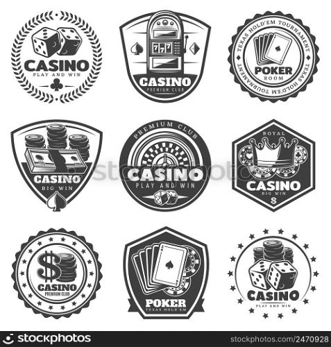 Vintage monochrome casino labels set with inscriptions gambling and poker club elements isolated vector illustration. Vintage Monochrome Casino Labels Set