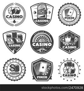 Vintage monochrome casino labels set with inscriptions gambling and poker club elements isolated vector illustration. Vintage Monochrome Casino Labels Set