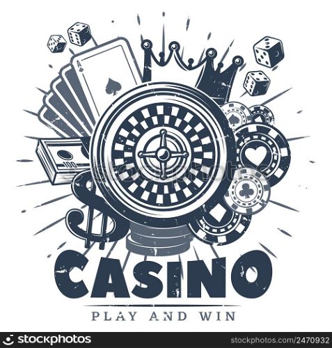 Vintage monochrome casino logo template with roulette cards chips money crown and dices isolated vector illustration. Vintage Monochrome Casino Logo Template