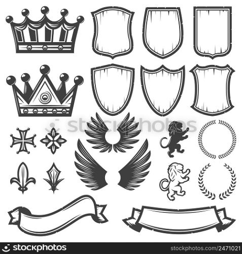 Vintage monochrome heraldic elements collection with crowns shields wings lions ribbons laurel wreaths swords crest isolated vector illustration. Vintage Monochrome Heraldic Elements Collection