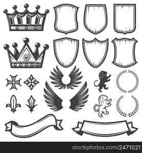 Vintage monochrome heraldic elements collection with crowns shields wings lions ribbons laurel wreaths swords crest isolated vector illustration. Vintage Monochrome Heraldic Elements Collection