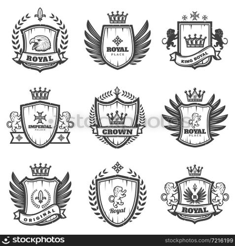 Vintage monochrome heraldic emblems set with ornate coats of arms and medieval blazons isolated vector illustration. Vintage Monochrome Heraldic Emblems Set