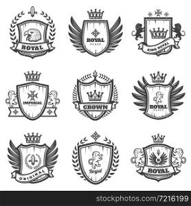 Vintage monochrome heraldic emblems set with ornate coats of arms and medieval blazons isolated vector illustration. Vintage Monochrome Heraldic Emblems Set