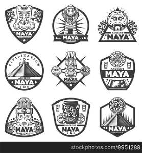 Vintage monochrome maya elements set with ceremonial masks totems coins mayan calendar jewelry vase map pyramid isolated