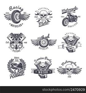 Vintage monochrome motorcycle labels set with wheel wings skull bike helmet motor crossed wrenches pistons isolated vector illustration. Vintage Monochrome Motorcycle Labels Set