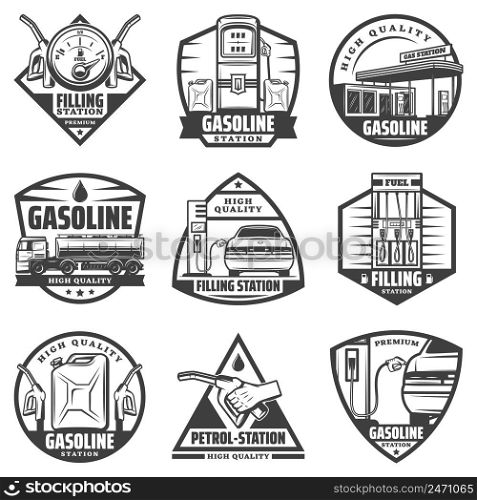 Vintage monochrome petrol station labels set with fuel gauge pump nozzles car refilling canister truck transporting gasoline isolated vector illustration . Vintage Monochrome Petrol Station Labels Set