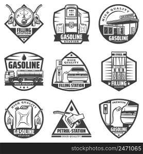 Vintage monochrome petrol station labels set with fuel gauge pump nozzles car refilling canister truck transporting gasoline isolated vector illustration . Vintage Monochrome Petrol Station Labels Set