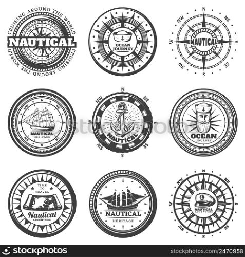 Vintage monochrome round nautical labels set with compass hats captain ship boat map anchor lifebuoy isolated vector illustration. Vintage Monochrome Round Nautical Labels Set