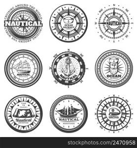 Vintage monochrome round nautical labels set with compass hats captain ship boat map anchor lifebuoy isolated vector illustration. Vintage Monochrome Round Nautical Labels Set