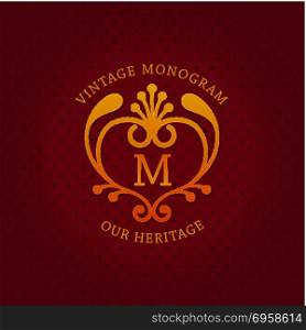 "Vintage monogram template design. Stylish vintage emblem with letter "M". Monogram template. Ornate royal design. Vector illustration"