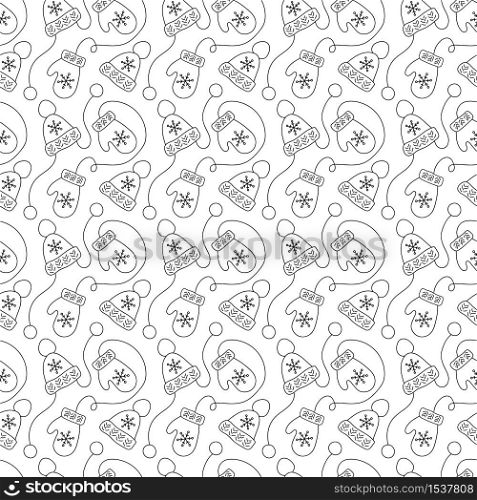 Vintage monoline Christmas seamless pattern with mittens and winter hats. Vector illustration for textile, greeting card, children wallpaper.. Vintage monoline Christmas seamless pattern with mittens and winter hats. Vector illustration for textile, greeting card, children wallpaper