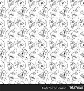 Vintage monoline Christmas seamless pattern with mittens and winter hats. Vector illustration for textile, greeting card, children wallpaper.. Vintage monoline Christmas seamless pattern with mittens and winter hats. Vector illustration for textile, greeting card, children wallpaper