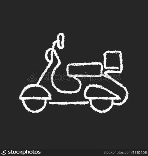 Vintage moped chalk white icon on dark background. Old-fashioned two-wheeled vehicle. Antique scooter. Classic appearance. Collectible old motorcycle. Isolated vector chalkboard illustration on black. Vintage moped chalk white icon on dark background