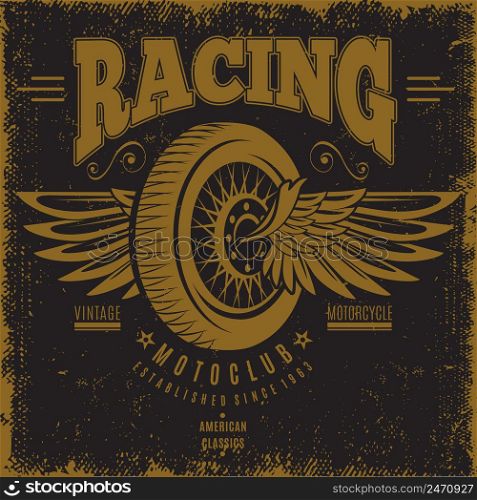 Vintage moto club poster with inscriptions and wheel flying on wings in monochrome style vector illustration. Vintage Moto Club Poster