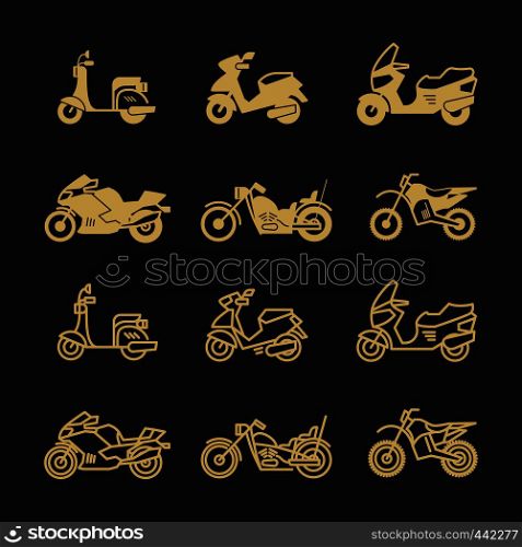 Vintage motorbike and motorcycle icons set isolated on black background. Vector illustration. Vintage motorbike and motorcycle icons set isolated on black background