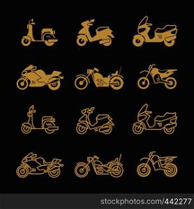 Vintage motorbike and motorcycle icons set isolated on black background. Vector illustration. Vintage motorbike and motorcycle icons set isolated on black background