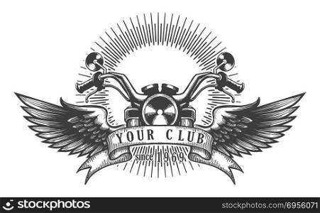 Vintage motorcycle club emblem. Motorcycle with wings. Vector illustration.