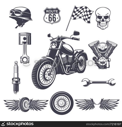 Vintage motorcycle elements collection with motorbike helmet skull motor wrench wheel wings flag piston spark plug isolated vector illustration. Vintage Motorcycle Elements Collection