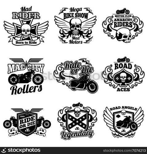 Vintage motorcycle labels. Motorbike vector retro badges and logos. Badge motorcycle and motorbike, label vintage emblem for moto club illustration. Vintage motorcycle labels. Motorbike vector retro badges and logos