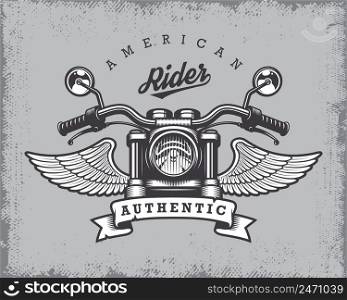 Vintage motorcycle print with motorcycle, wings and ribbon on grange background.. Vintage motorcycle print.