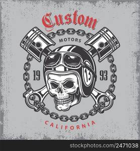 Vintage motorcycle print with skull in motorcycle helmet and crossed pistons on grange background.. Vintage motorcycle print.