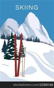 Vintage Mountain winter resort Alps, with wooden old fashioned skis and poles. Snow landscape peaks, slopes. Travel retro poster, vector illustration flat style. Vintage Mountain winter resort Alps, with wooden old fashioned skis and poles. Snow landscape peaks, slopes. Travel retro poster