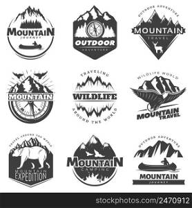 Vintage mountains logos set for c&ing tourism on white background isolated vector illustration. Vintage Mountains Logos Set 