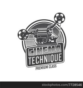 Vintage movie camera isolated vector icon of retro cinema or video projector with film reel and strip. Old movie theater equipment monochrome sign of cinema festival, cinematography and entertainment. Vintage movie camera, cinema or video projector