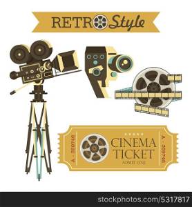 Vintage movie cameras, cinema tickets, film. Set of vector vintage design elements. Isolated on white background.