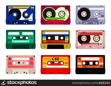 Vintage music cassettes. Retro dj sound tape, 1980s rave party stereo mix, old school record technology. Vector old 90s coloured plastic cassettes set. Vintage music cassettes. Retro dj sound tape, 1980s rave party stereo mix, old school record technology. Vector old 90s cassettes set