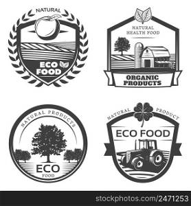 Vintage natural healthy emblems collection with eco organic fruit tree and farming elements isolated vector illustration. Vintage Natural Healthy Emblems Collection