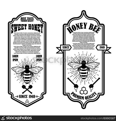 Vintage natural honey flyer templates. Design elements for logo, label, sign, badge. Vector illustration