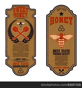 Vintage natural honey flyer templates. Design elements for logo, label, sign, badge. Vector illustration