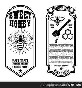 Vintage natural honey flyer templates. Design elements for logo, label, sign, badge. Vector illustration