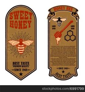 Vintage natural honey flyer templates. Design elements for logo, label, sign, badge. Vector illustration
