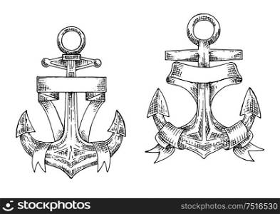 Vintage nautical anchors sketch symbols with decorative admiralty anchors, supplemented by heraldic ribbon banners with copy space. Use as yacht club symbol, marine vacation or sailing sport design . Anchors sketches with ribbon banners