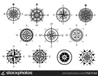 Vintage nautical or marine wind rose and compass icons set, for travel, navigation design