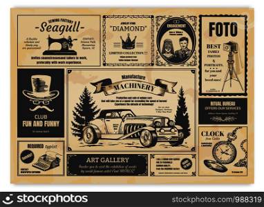 Vintage newspaper advertising. Newsprint labels with retro fonts, frames and old illustrations. Vector realistic background press advertising with announcements for fashion design work. Vintage newspaper advertising. Newsprint labels with retro fonts, frames and old illustrations. Vector realistic press advertising