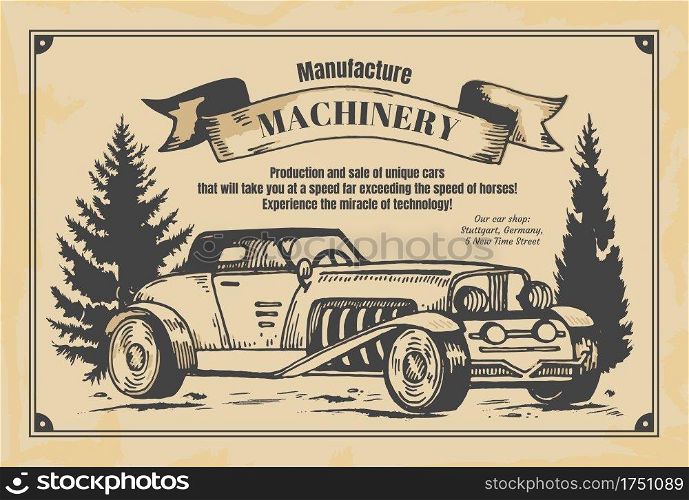 Vintage newspaper banner. Machinery manufacture poster on aged yellow newsprint. Hand drawn retro automobile and advertising slogan. Sale of vehicles, old-fashioned promo flyer. Vector illustration. Vintage newspaper banner. Machinery manufacture poster on yellow newsprint. Hand drawn retro automobile and advertising slogan. Sale of vehicles, old-fashioned flyer. Vector illustration