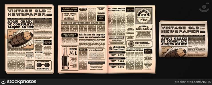 Vintage newspaper mockup. Retro newsprint pages, tabloid magazine and old news. Newspaper or journal, journalistic reportage brochure isolated 3D vector template. Vintage newspaper mockup. Retro newsprint pages, tabloid magazine and old news isolated 3D vector template