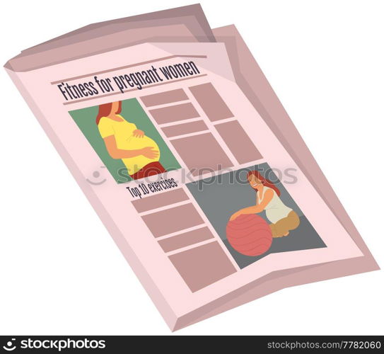 Vintage newspaper of fitness for pregnant women. News articles newsprint magazine old design. Printing text preess. Brochure newspaper pages with headline. Paper retro journal vector grunge template. Vintage newspaper of fitness for pregnant women. News articles newsprint magazine old design. Printing text in preess