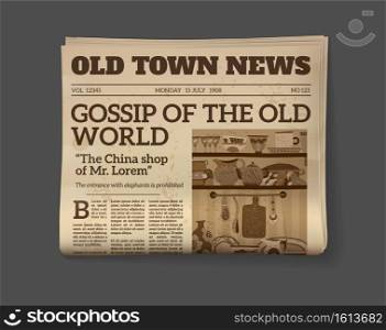 Vintage newspaper. Old magazine front page mockup, realistic monochrome page template, sepia sheet, texture background, daily news and advertising, journalistic reportage brochure vector retro concept. Vintage newspaper. Old magazine front page mockup, realistic monochrome page template, sepia sheet, daily news and advertising, journalistic reportage brochure vector retro concept