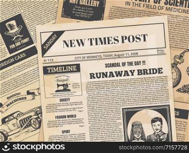 Vintage newspaper. Retro newsprint backdrop or magazine page with grunge texture and old headers. Vector editorial ancient paper news printing template for vintage design cafe and creative background. Vintage newspaper. Retro newsprint or magazine page with grunge texture and old headers. Vector ancient paper news template