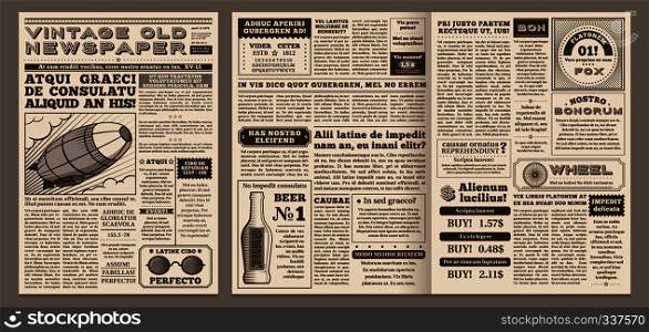 Vintage newspaper template. Retro newspapers page, old news headline and journal pages grid. Antique newsprint poster, newspaper brochure template vector illustration layout. Vintage newspaper template. Retro newspapers page, old news headline and journal pages grid vector illustration layout