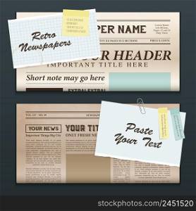 Vintage newspapers templates 2 top half front pages realistic retro horizontal banners set isolated vector illustration . Vintage Newspaper Banners