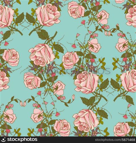 Vintage nostalgic beautiful roses bunches composition romantic floral wedding gift wrapping paper seamless pattern color vector illustration