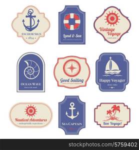 Vintage nostalgic nautical adventures voyage travel agency old marine decorative emblems labels collection abstract isolated vector illustration. Nautical emblems set