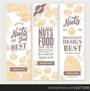 Vintage nuts food vertical banners with various types and sorts in hand drawn style vector illustration. Vintage Nuts Food Vertical Banners