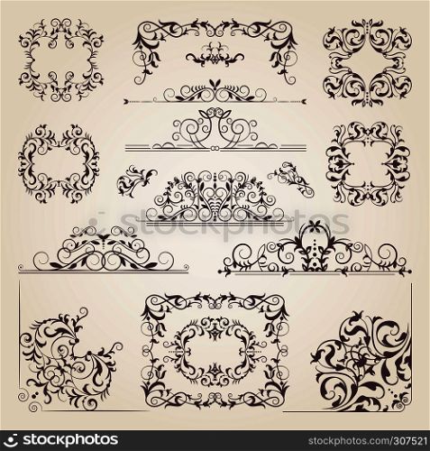 Vintage old banners, swirls, corners and different borders. Vector decorative frames. Design elements for your project. Sketch ornament vignette illustration, vintage elements for invitation decoration. Vintage old banners, swirls, corners and different borders. Vector decorative frames. Design elements for your project