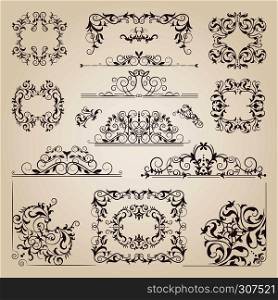 Vintage old banners, swirls, corners and different borders. Vector decorative frames. Design elements for your project. Sketch ornament vignette illustration, vintage elements for invitation decoration. Vintage old banners, swirls, corners and different borders. Vector decorative frames. Design elements for your project
